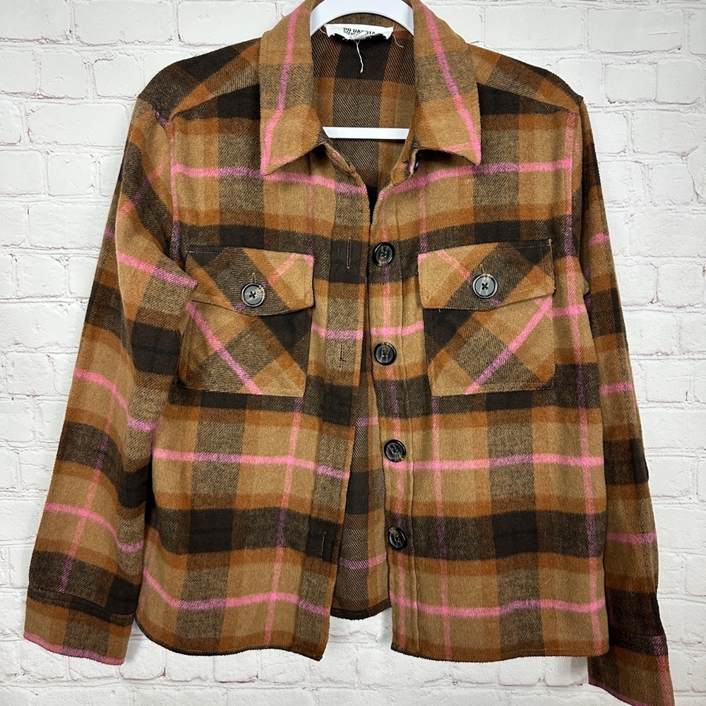 BB Dakota Steve Madden brown‎ pink plaid Flannel Shirt Jacket Shacket, sz M, EUC
